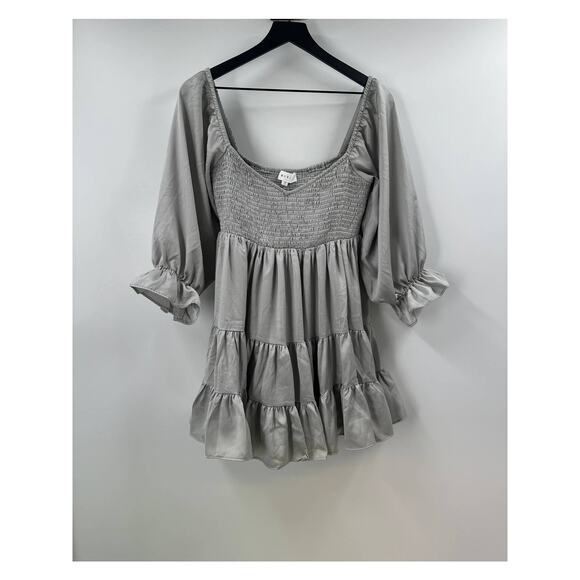 mable Dresses & Skirts - Mable Silver Smocked Tiered Puff Sleeve Mini Dress Size Medium